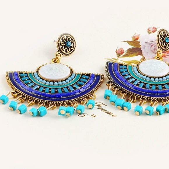 TZX Jewelry - 1201 Boho Inca blue & gold statement earrings